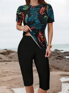 Women's Leaf Print Tankini Set, Casual Round Neck Swim Top & Skinny Swim Pants Swimsuit Set, Ladies Swimwear for Beach Holiday Vacation, Flower Print Tankini, Tropical Print Tankini