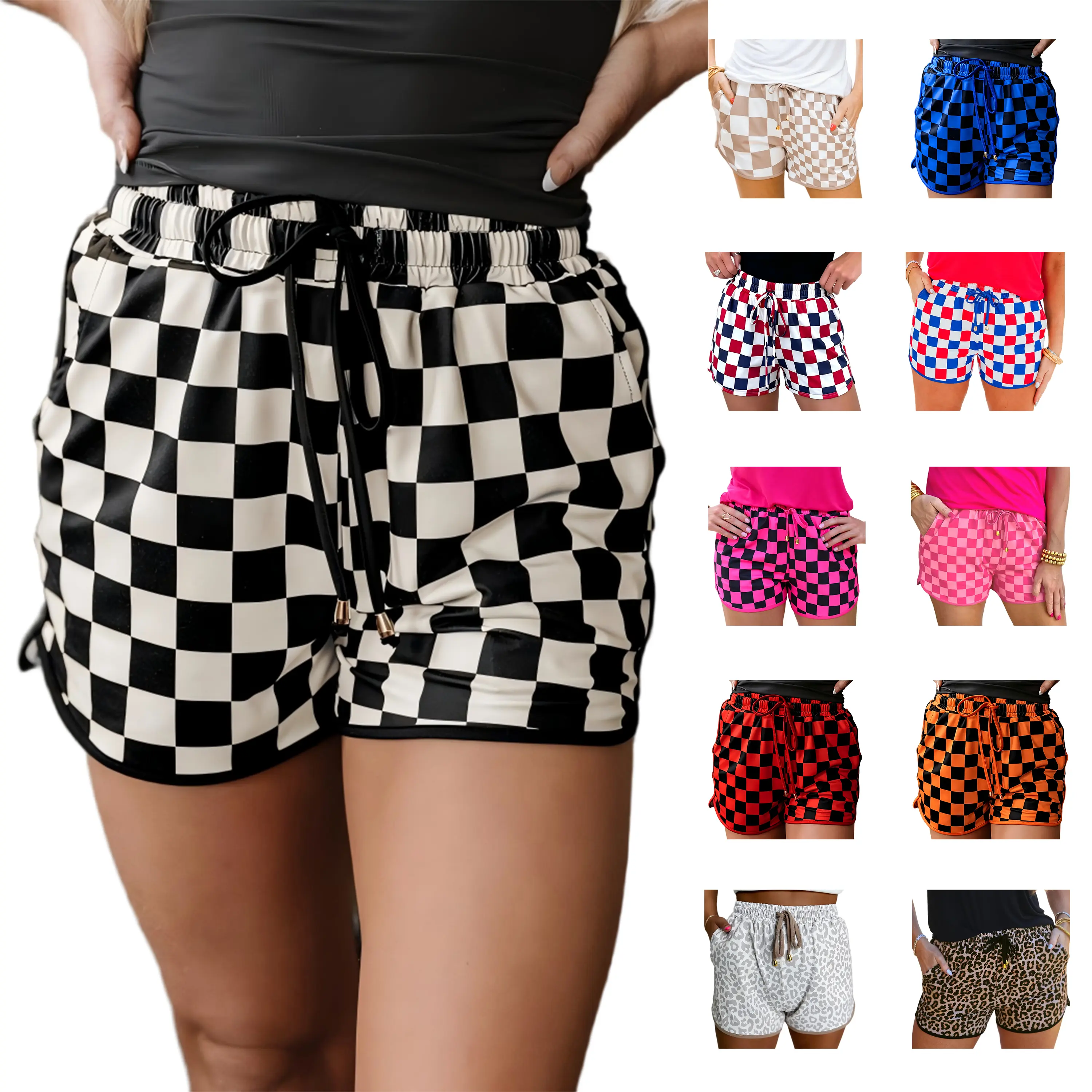 Znacicc Women's Checkered Adjustable Drawstring Elastic Waist Casual Shorts 2025 with Pockets Fitted Wear,Womenswear Znacicc Women's Checkered Adjustable Drawstring Elastic Waist Casual Shorts 2025 with Pockets Fitted Wear,Womenswear