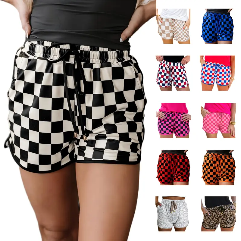 Znacicc Women's Checkered Adjustable Drawstring Elastic Waist Casual Shorts 2025 with Pockets Fitted  Wear,Womenswear