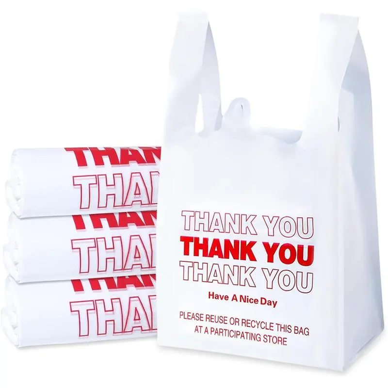 Plastic Bags, 300 Count Thank You Bags, Plastic Bags With Handles For Shopping, Grocery, Plastic Bags For Small Business (11"x 6"x 21"), Recyclable T Shirt Bags, White Plastic Bag