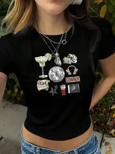 Disco Cowboy Vintage Patchwork Short Sleeve T-Shirt, Casual Y2K Streetwear, Premium Cotton Fabric, Bold Mixed Retro Aesthetic