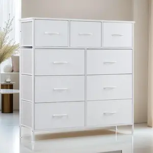 Dresser for Bedroom with 9 Drawers, Wide Chest of Drawers, Fabric Bedroom Dresser with Drawer Organizer, Storage Organizer Unit with Fabric Bins for Closet, Living Room, Hallway, Pure White 9-Drawer Dresser, Fabric Storage Tower for Bedroom, Hallway, Clos