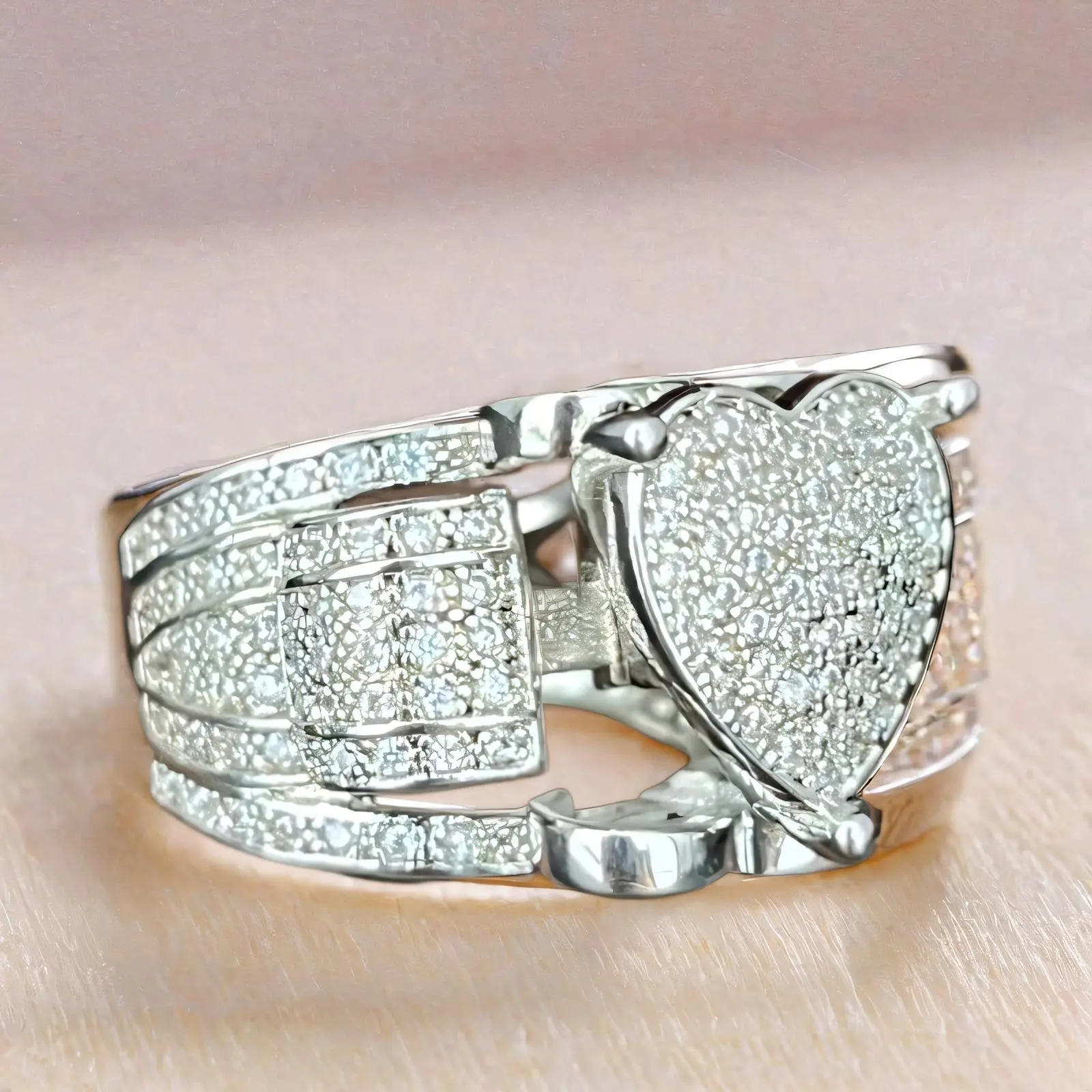 Unisex Silver Plated Heart  Ring Wide Band Promise Ring for Men Women Copper Band Rings engagement rings