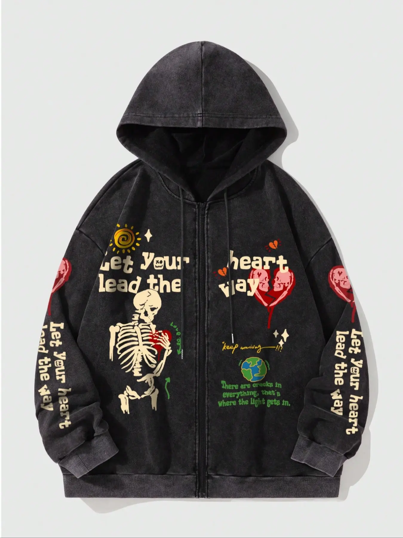 Men's Skull Print Zipper Hoodie Tops, Casual Loose Fit Design, Comfortable Fashion Hooded Sweatshirt for All Seasons