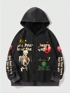 Men's Skull Print Zipper Hoodie Tops, Casual Loose Fit Design, Comfortable Fashion Hooded Sweatshirt for All Seasons