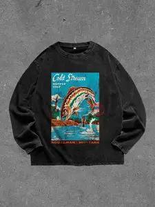 Men's Fishing Washed Vintage Round Neck Long Sleeve T-Shirt, Casual Fitted Style, Random Print, All Seasons Wear