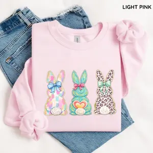 Easter Bunny Trio Sweatshirt/Hoodie/T-Shirt, Colorful Bunny Bows Shirt, Pastel Leopard and Swirl Rabbit Graphic Tee, Cute Spring Easter Outfit Gift, For Men and For Women