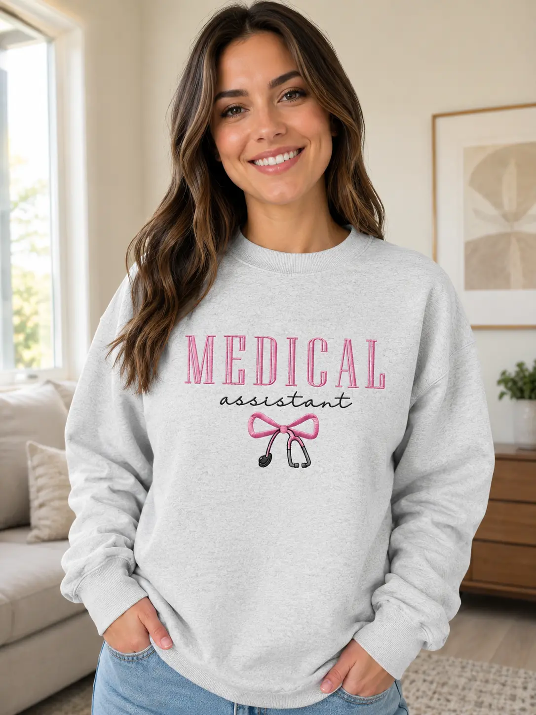 Medical Assistant Embroidered Sweatshirt, Bow Stethoscope Crewneck, Healthcare Worker Gift, Medical Pullover