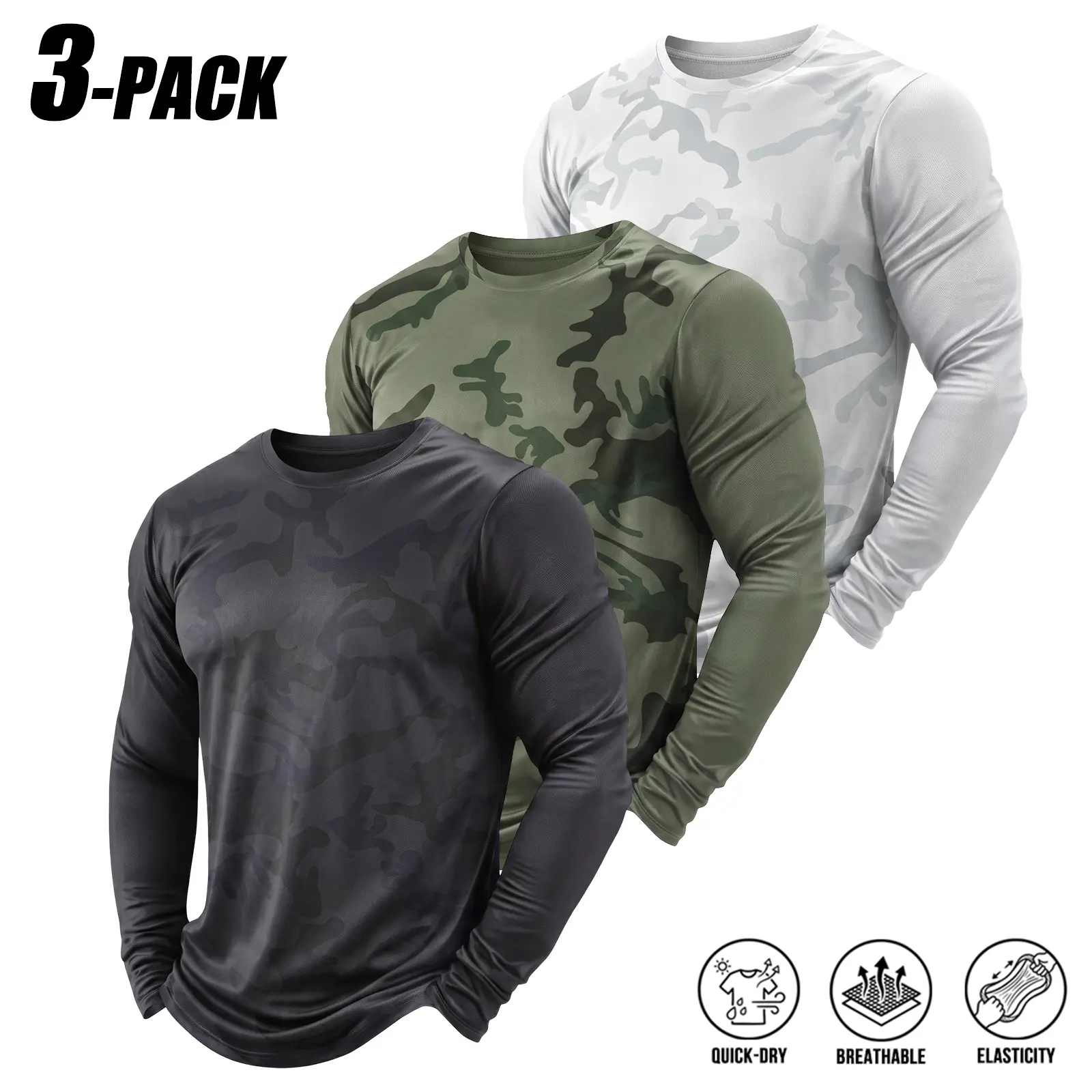 3-PACK Value Multipack Camouflage Long Sleeve Sport Shirts, Durable All-Day Comfort Wear Breathable Fabric, Practical Tactical Outdoor Apparel For Wilderness Adventures Fitness Drills And City Daily Casual Styling Bundle
