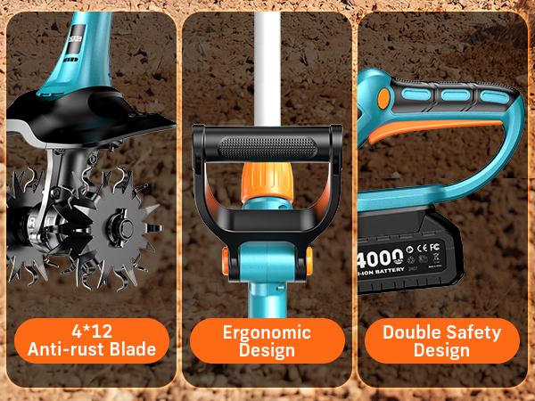 SEESII Electric Tiller for Gardening, 360 RPM Rototiller Cordless Cultivator, Total 8000mAh Battery Powered Garden Tiller 4 Pcs Blades for Smooth Tilling, Handheld Tiller for Raised Garden Beds Outdoorfun