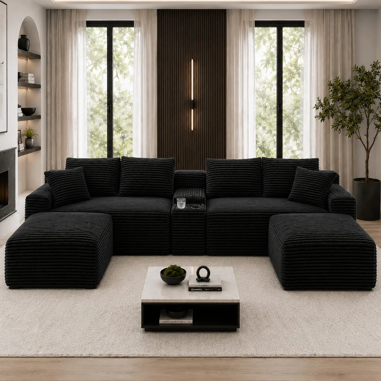 Oversized Black Corduroy Modular L-Shaped Sectional Couch Set with Ottoman, Cup Holders, Deep Seat, Convertible Block Design - Multi-Piece Free-Combining Modern Minimalist Indoor Furniture for Living Room Big Family Gatherings