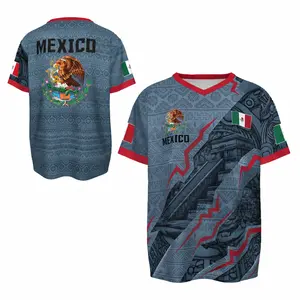 Slate Blue Aztec Pattern Soccer Jersey, Mexico-Inspired V-Neck Fan Shirt