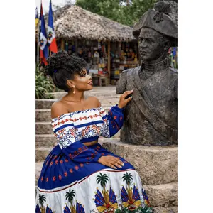Women Two Piece Off shoulder Long Flared Sleeves Solid Tops and All over Print bottoms skirt Sets.