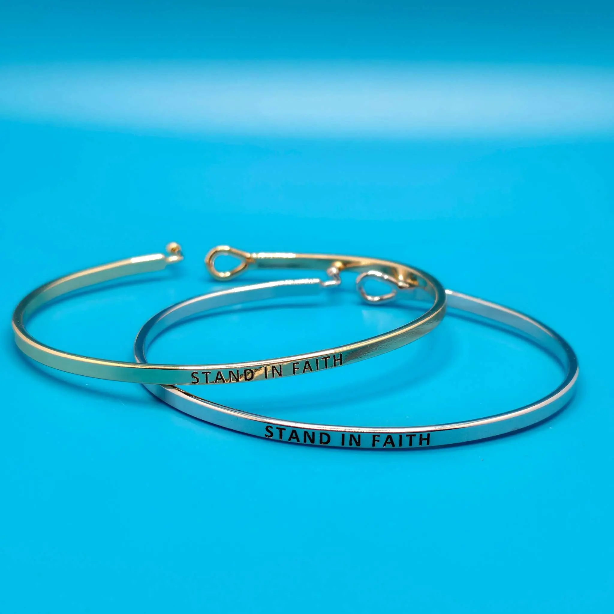 Women's Engraved Thin Bangle Bracelet - STAND IN FAITH Positive Quote, Lead-Compliant Brass, 7.25" Oval Circumference, Latch Clasp, Stackable Bracelets, Minimalist Personalized Jewelry, Girlfriend Birthday Gift, Calm Wear Accessory