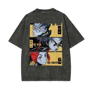 Unisex Samurai Champloo Mugen Jin Fuu Vintage Washed Heavyweight Cotton T-Shirt, Men's Anime Streetwear, Casual Daily Classic Fan Gift, Retro Style