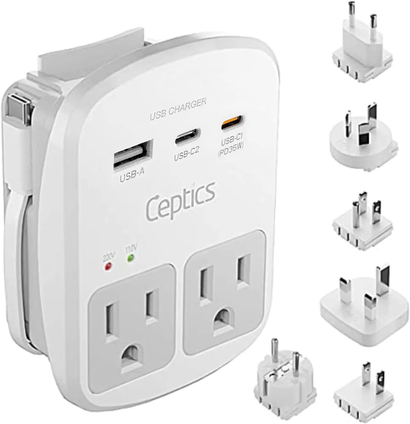 World-Way Travel Adapter Kit | 1 USB-A, 1 USB-C and 1 PD 35W USB-C port and cable + 2 US Outlets - Grounded (WPS-3C)