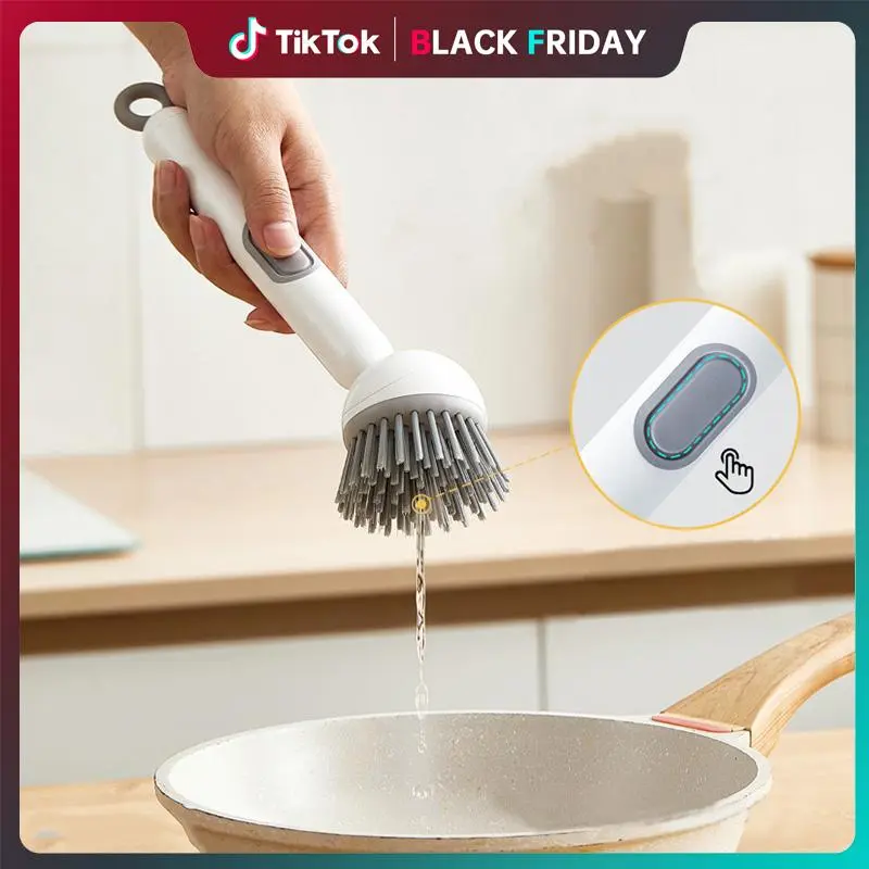 Rotatable Household Kitchen Brush for Pans.Liquid Dispensing Pot Brush, Dishes & Chopsticks, Long Handle Cleaning Brush, Hand Pot Washing, Stain-Removing Brush Powerful cleaning brush,Environmentally friendly cleaning brush, reusable, protects hands