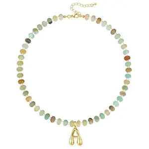 KissYan Initial Necklaces for Women, Colorful Beaded Gemstone Choker 14K Gold Bubble Letter Pendant Necklace Natural Stone Summer Beach Handmade Jewelry Gift,summerwins DealsForYouDays