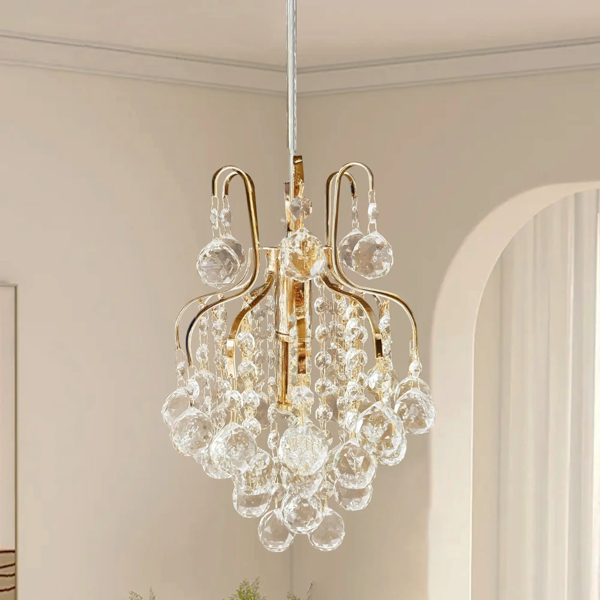 9.1 Inch Modern Glam Crystal Mini Pendant Light, Polished Gold Metal Frame, 1-Light E14 Base with Bulb Included, Wall Switch Control, Adjustable Hanging Height for Bedroom Hallway Foyer Closet Kitchen Island