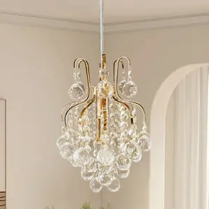 9.1 Inch Modern Glam Crystal Mini Pendant Light, Polished Gold Metal Frame, 1-Light E14 Base with Bulb Included, Wall Switch Control, Adjustable Hanging Height for Bedroom Hallway Foyer Closet Kitchen Island