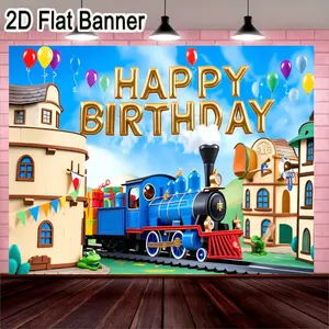 2D flat banner, 1pcCartoon Birthday Train Backdrop, Colorful Happy Birthday Decorations with Toy Train and Festive Elements for Party Decor