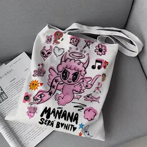 Karol G Manana S-Sera Bonito Storage Bags Canvas Double-Sided Print Black and White Tote Bag Large Capacity Shoulder Students Festive Fashionable Shopping Bag Fashion Eco Outdoor Picnic Travel High Quality Shopping Handbag Machine Washable