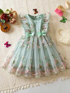 Girls' Embroidered Dress, Cute Floral Design, Summer Casual Wear, Perfect for Daily, Stylish Kids Clothing, Floral Print Dress