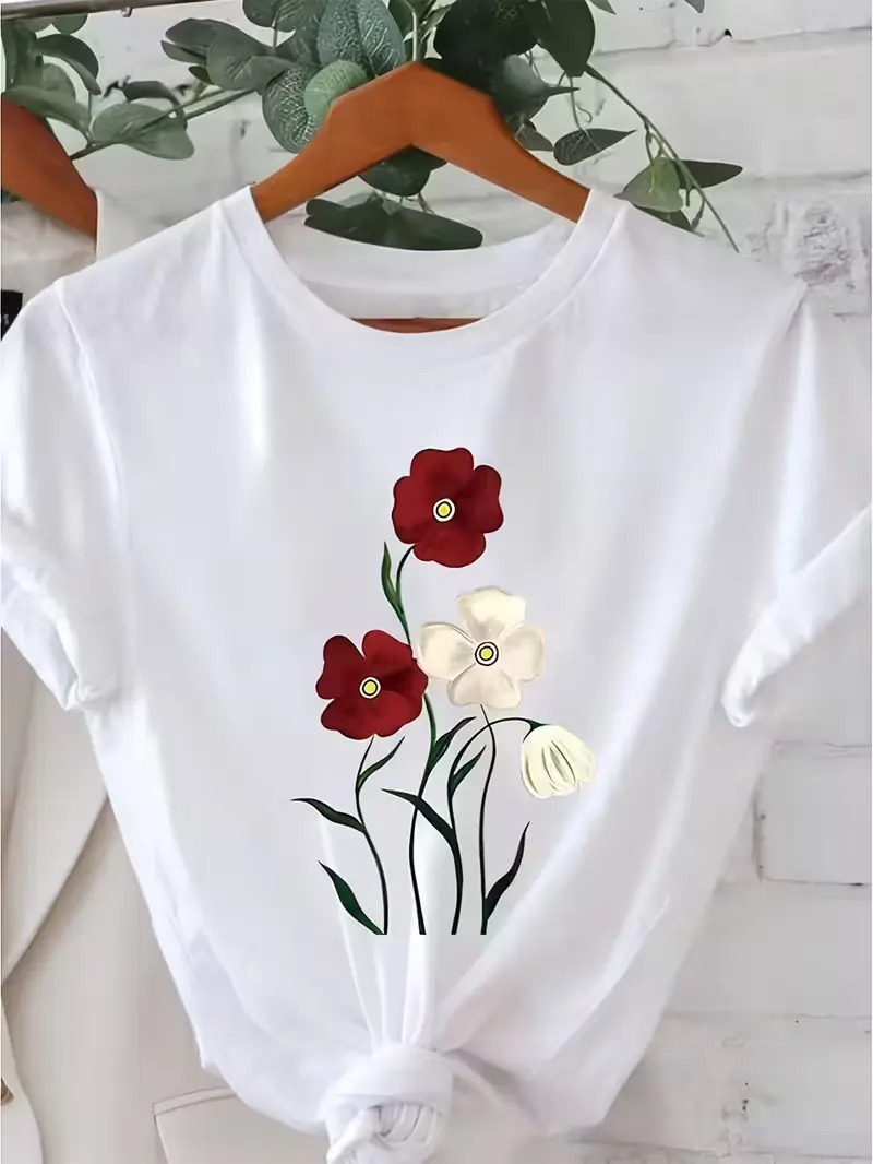 Women Minimal Vintage Vertical Red & Cream Poppy Wildflower Stem Graphic T-Shirt Soft White Cotton Short Sleeve Top Cottagecore Botanical Flower Lover Casual Daily Wear Tee