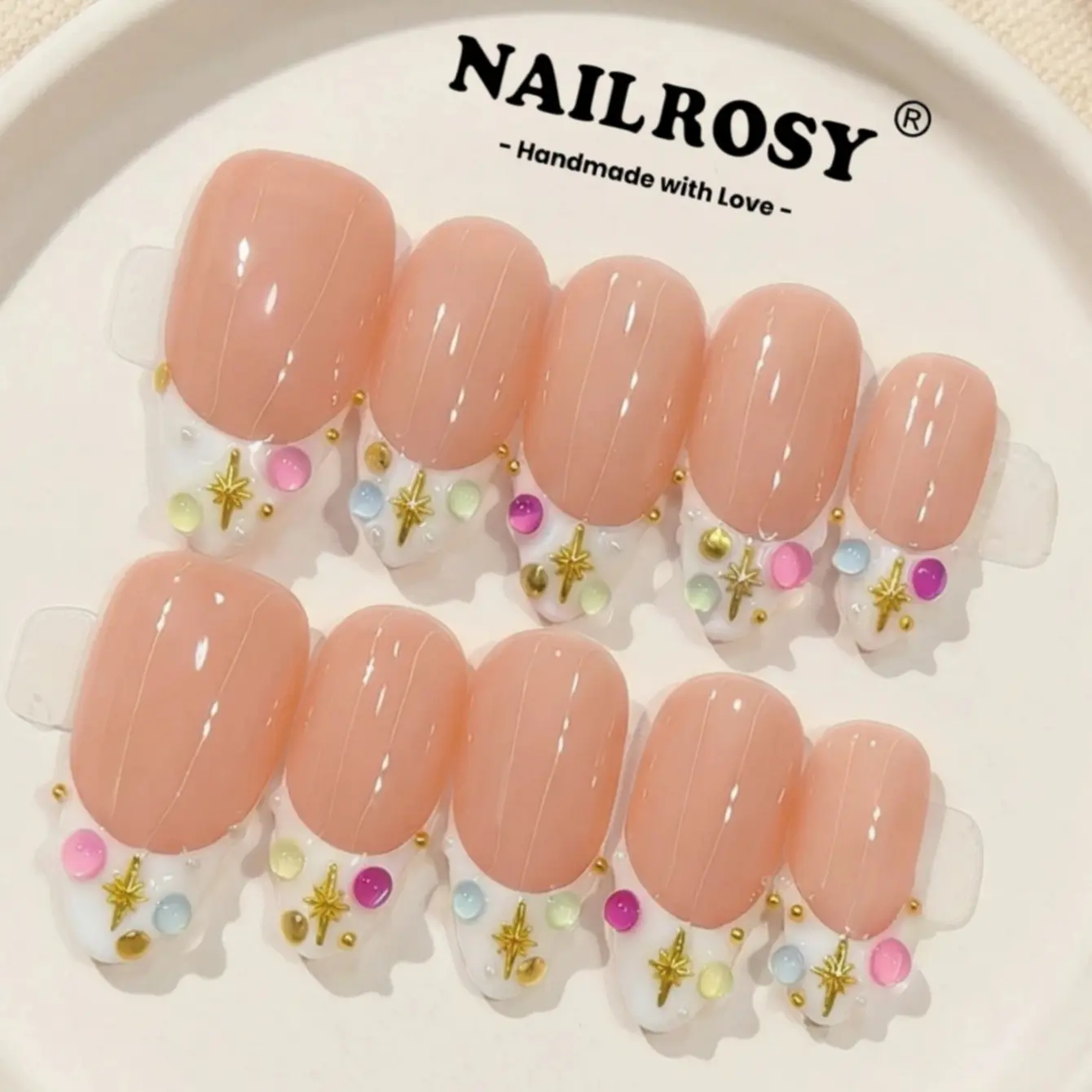 Nailrosy Hand-Painted Press On Nail Set, 10 Pcs Reusable Acrylic Nails, Short Almond Shape, White French Tip with 3D Flowers & Glitter Rhinestones for Women, Press On Nail Sets, Acrylic Press On Nails