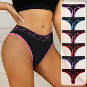 Women's 6pcs Low Waist Cotton Thong Panties - Breathable Letter-Print Trim, Comfy Sexy Fit Lady Intimate Lingerie for Everyday & Sports Outdoor Wear