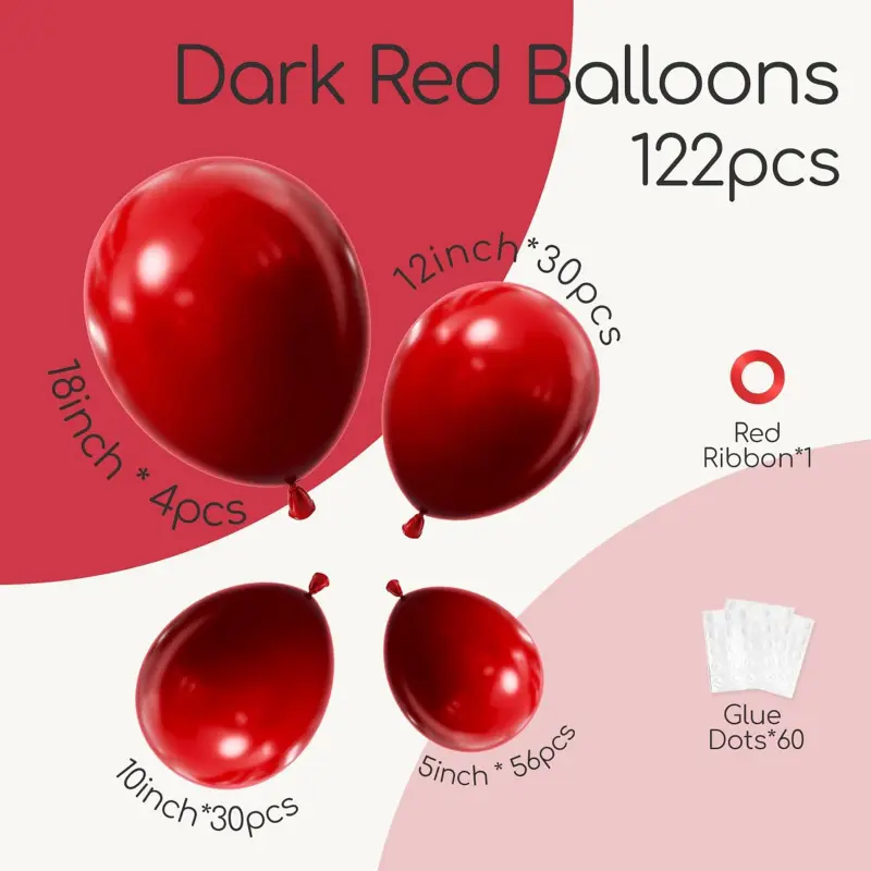 122pcs Dark Red Balloons Different Sizes, 18 12 10 5 inch Dark Red Balloon Arch Kit for Wedding Bridal Shower Birthday Party Decorations 122pcs Dark Red Balloons Different Sizes, 18 12 10 5 inch Dark Red Balloon Arch Kit for Wedding Bridal Shower Birthday Party Decorations