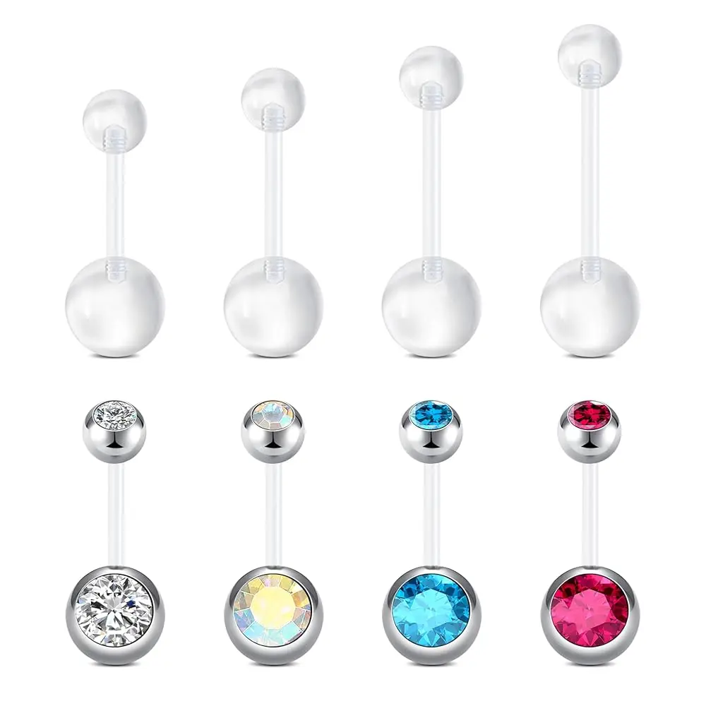 QWALIT 14G Clear Belly Button Rings, Bioflex Plastic Bar Belly Ring, Curved Barbell Navel Piercings Retainers for Work Surgery