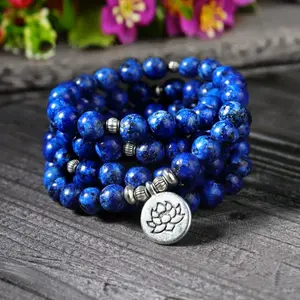 Natural 108 Mala Lapis Lazuli Beads Necklace Lotus Charm Multi Strands Meditation Healing Yoga Chakra Bracelet