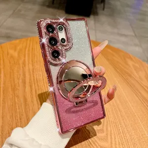 Case for Samsung S25 Edge S24 S25 FE S23 S22 Ultra Plus Wireless Charging Glitter Mirror Ring Holder Plating Cover