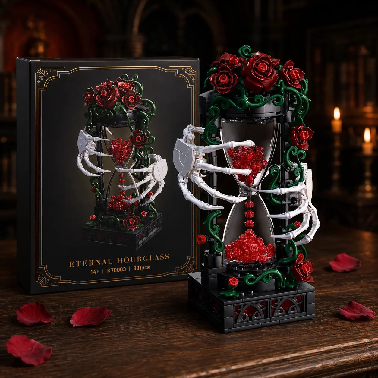 Gothic Eternal Hourglass Building Block Set, 381PCS Skeleton Hands Red Rose Heart Display Model, Dark Academia DIY Puzzle for Adults, Halloween Room Decor & Birthday Christmas Gifts for Gothic Lovers