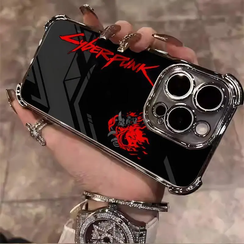 Cyberpunk Flame Logo Smartphone Case, Handheld TPU Electroplated Shockproof Anti-Drop Soft Shell for iPhone 17 Pro Max,16,15,14,13,12 with Screen Protector (Model 018 HMA176), Crystal, Devices