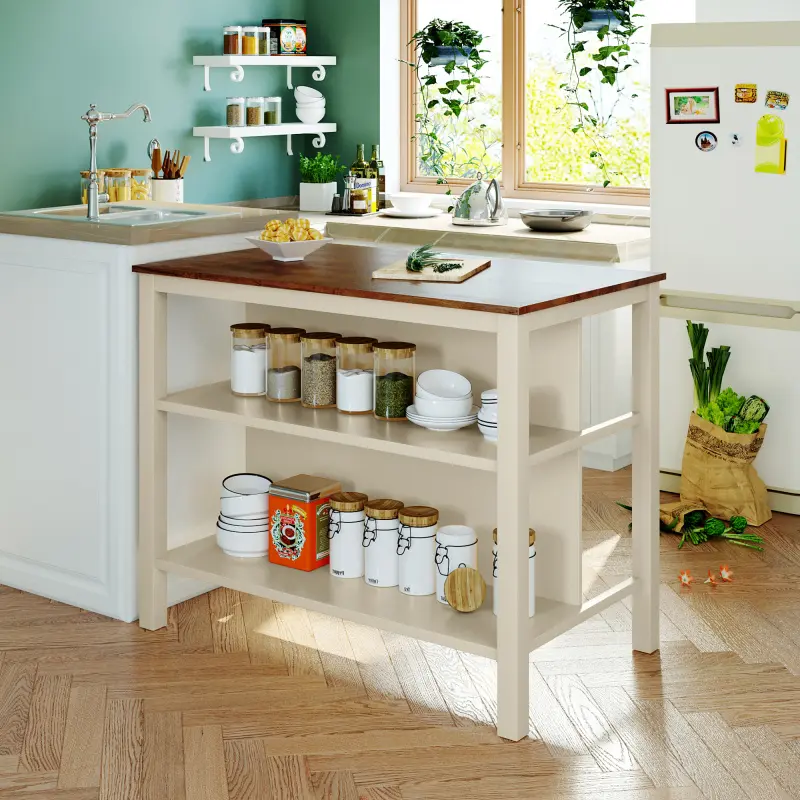 45x27 in Sturdy Traditional Solid Wood Rustic Stationary Kitchen Island - Rubber Wood Butcher Block Dining Table Prep Table with 2 Open Shelves, Low Maintenance for Small Places, Walnut-Cream White