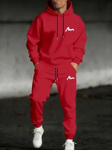 Men's Casual Hooded Sweatshirt Set, Fall & Winter Thick Knit Long Sleeve Fitted Top + Drawstring Pants, Letter Print Design