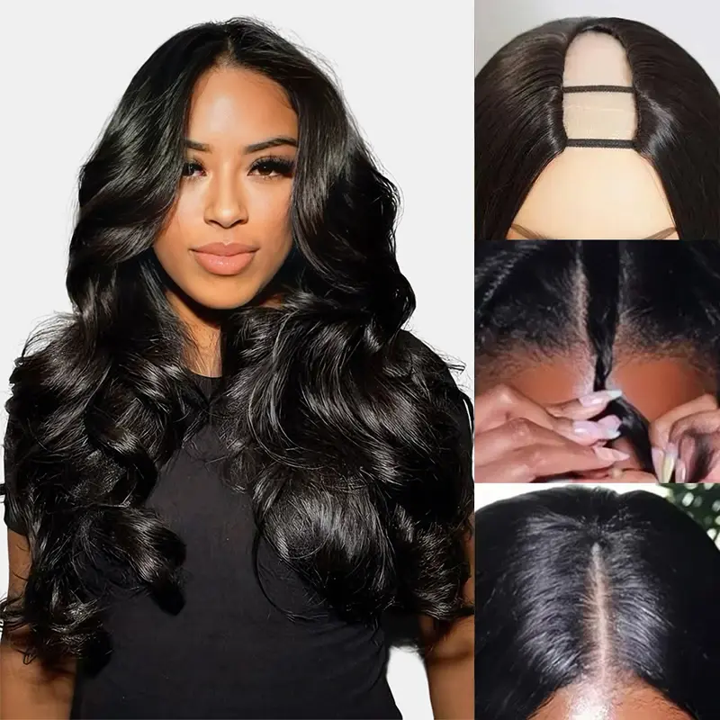 Celie Hair U Part Wig Yaki/Straight/Layered Body Wave Human Hair Wigs 2x4 Opening Size Elastic Drawstring Beginner Friendly Natural Hairline