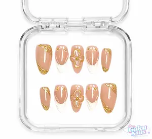 GakuNails GOLDEN FRAME 10 PCS Medium Almond Handmade Press On 3D Flower French Tip Builder Gel selectable size Reusable Nails