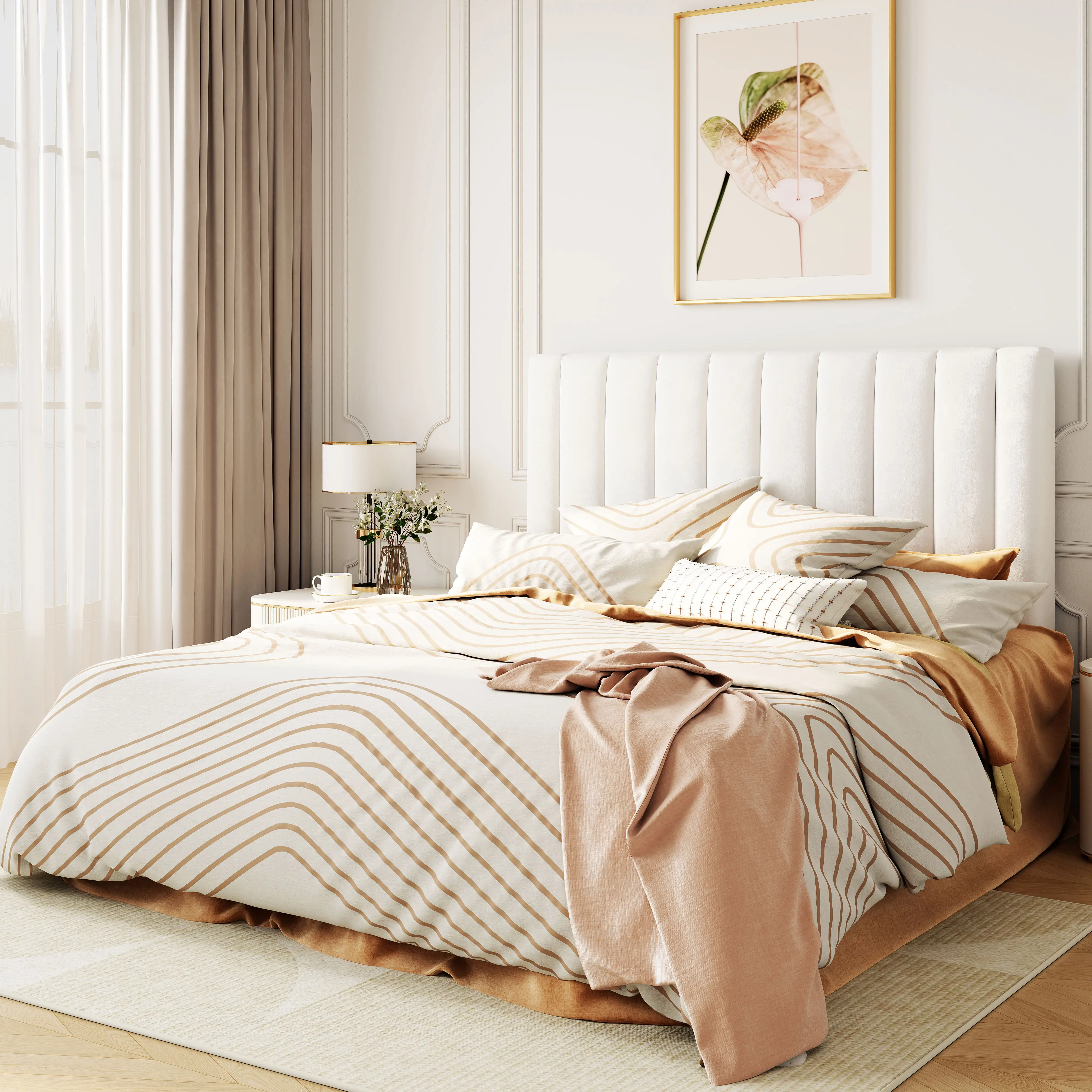 HOOMIC Velvet Upholstered Platform Bed Frame, Vertical Channel Tufted Headboard【Frame Only No Mattress】, Strong Slats Support, No Box Spring Needed, F