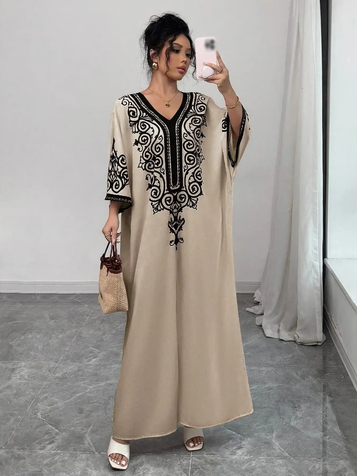 Muslim Women V Neck Floral Fashion Loose Print Long Dress, Traditional Elegant Design, Casual Spring Autumn Wear, Classy Modest Dresses