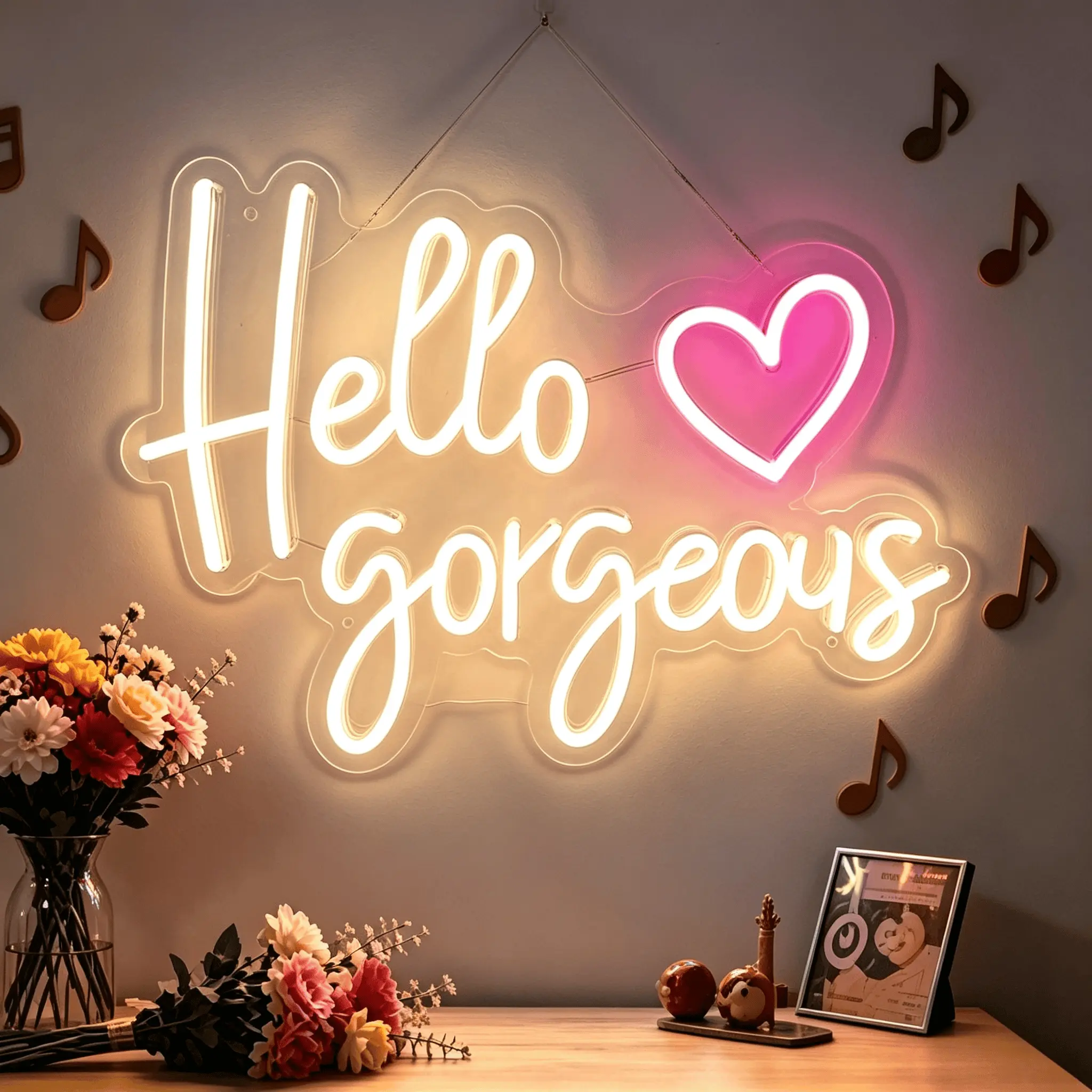 Hello Gorgeous Neon Sign | White with Pink Heart Dimmable USB Powered LED Light, Easy to Hang Aesthetic Wall Decor for Vanity Makeup Beauty Room Bedroom Dorm Birthday Gift