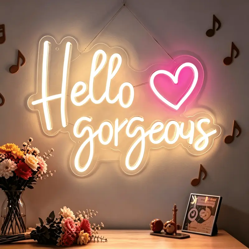 Hello Gorgeous Dimmable USB-Powered LED Neon Sign - White with Pink Heart, Easy-to-Hang Contemporary Wall Decor, Girl Room Decor, Apartment Accessories, Cute Room Stuff for Dressers, Birthday Gift