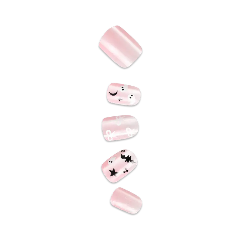Impress Design Halloween No Glue Fake Press On Nails - Broom & Bloom | Design, Pink, Short, Squoval, Glow In The Dark, Manicure