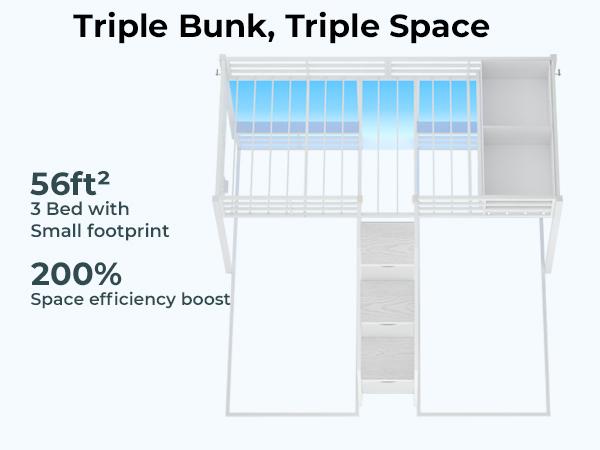 ADORNEVE Triple Bunk Bed with Storage Staircase, RGB Lights & Charging Station, Twin Over Twin, Heavy Duty Metal 3 Bunk Beds with Drawers & Headboard Shelf, Safety Guardrails, for Kids