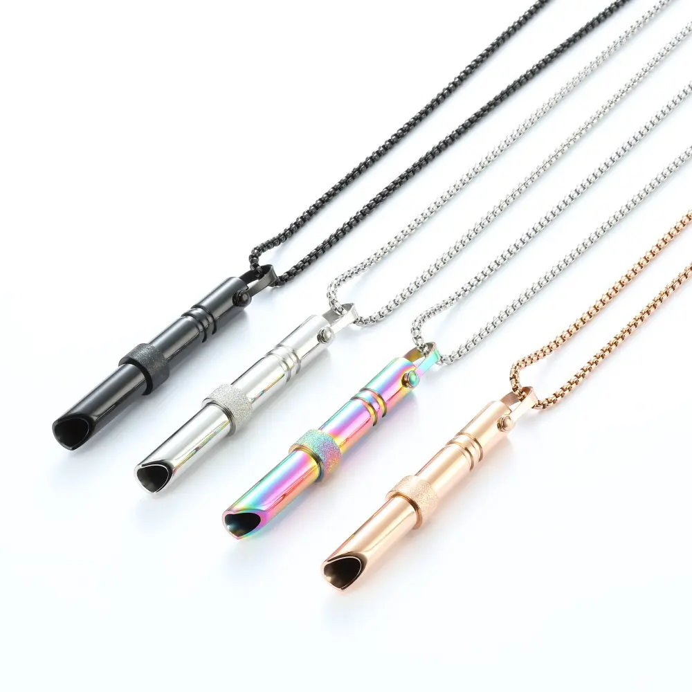 Titanium Steel Anxiety Relief Square Necklace - Rotatable Bead, Heart Pearl Pendant, Mindfulness Breathing Whistle, Jewelry Gift for Adults, Birthday