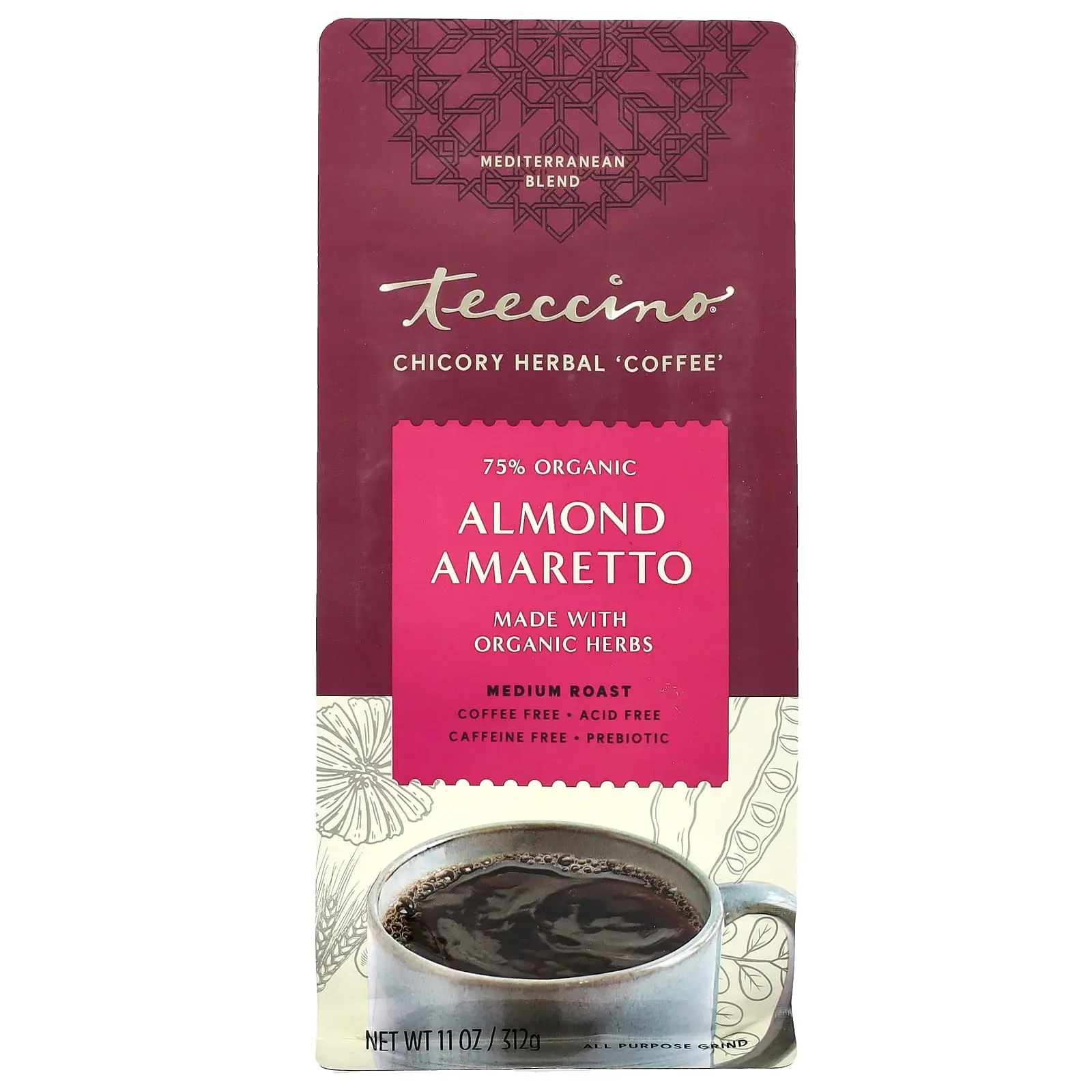 Teeccino Chicory Herbal Coffee, Almond Amaretto, Medium Roast, Caffeine Free, 11 oz (312 g)