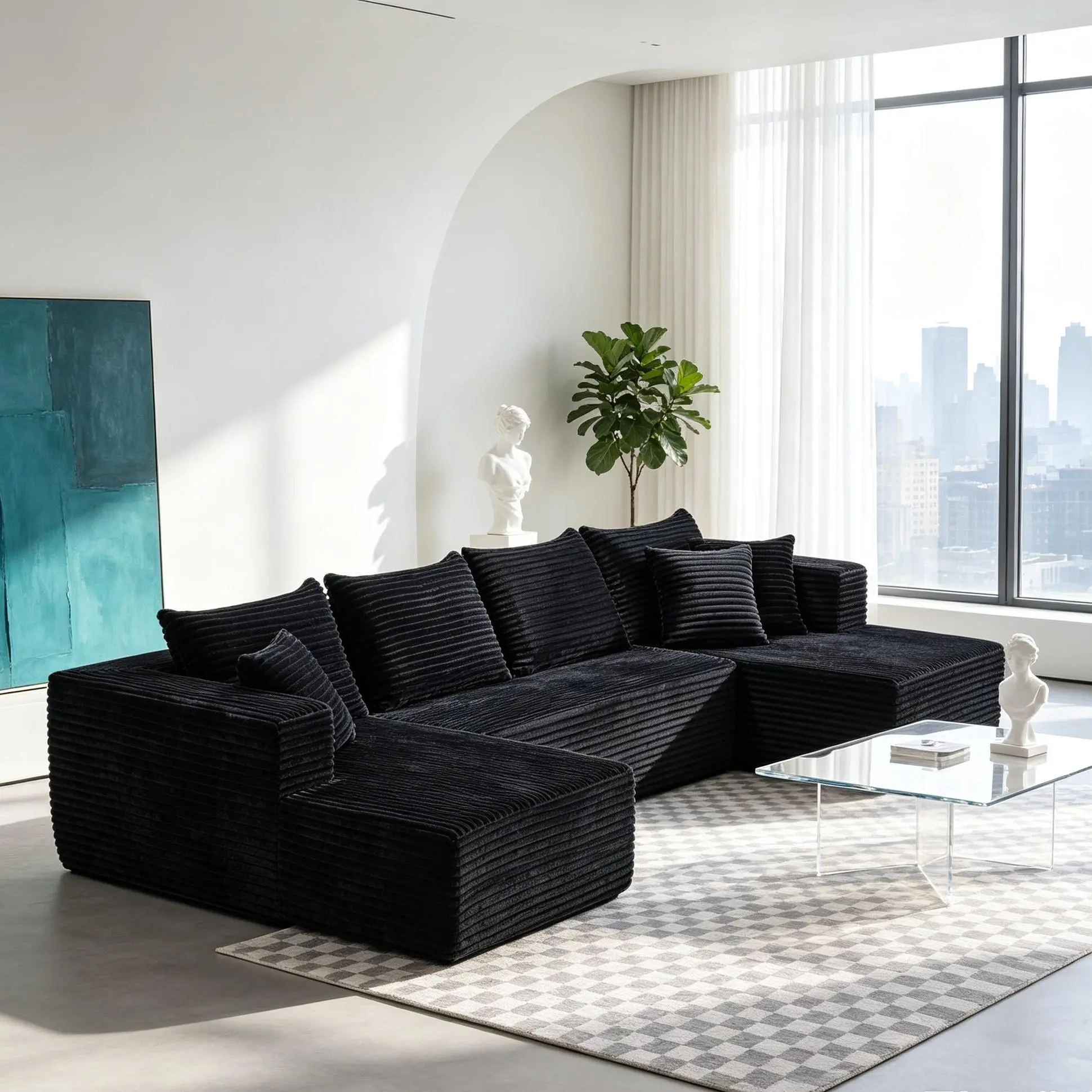 Living room U-shaped sofa, 133-inch large compressed packaging set, modern minimalist corduroy modular sofa, extended chaise longue, compressed shipping, no assembly required, space-saving, suitable for villas and large living rooms