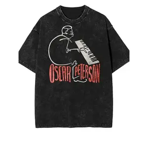 Washed Mens Oscar Peterson Jazz Piano Icon T Shirt Retro Cotton Thick Pattern Round Neck Short Sleeve Black Jazz Top